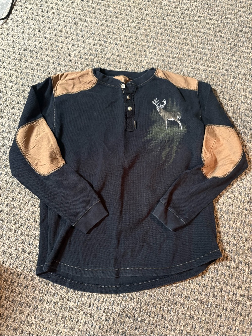 Legendary Whitetails Navy Long-Sleeve Henley with Brown Elbow & Shoulder Patches